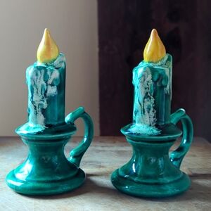 Vintage Kitschy Christmas Candlelight Pair of Salt and Pepper Handmade Pottery